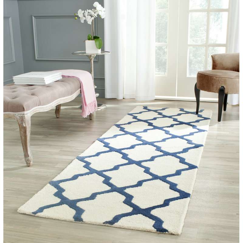 Cannen Hand Tufted Wool Geometric Rug, Runner 2'6" x 6', Ivory/Navy Blue