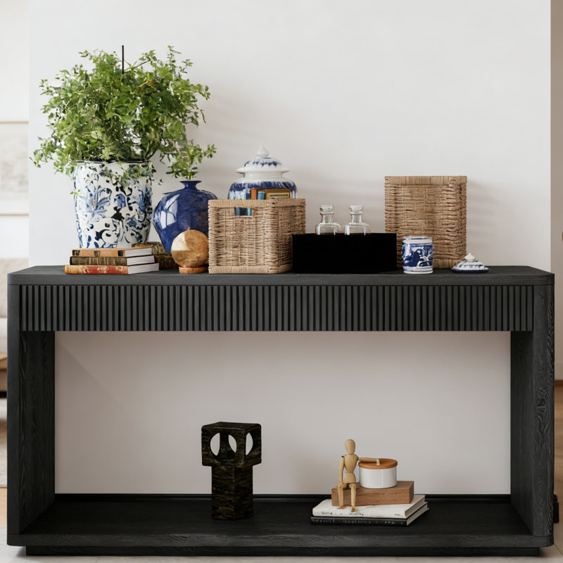 60" Modern 2-Drawer Fluted Console Table | Solid Wood | Black Finish | For Living Room, Hallway, Entryway, or Behind Sofa