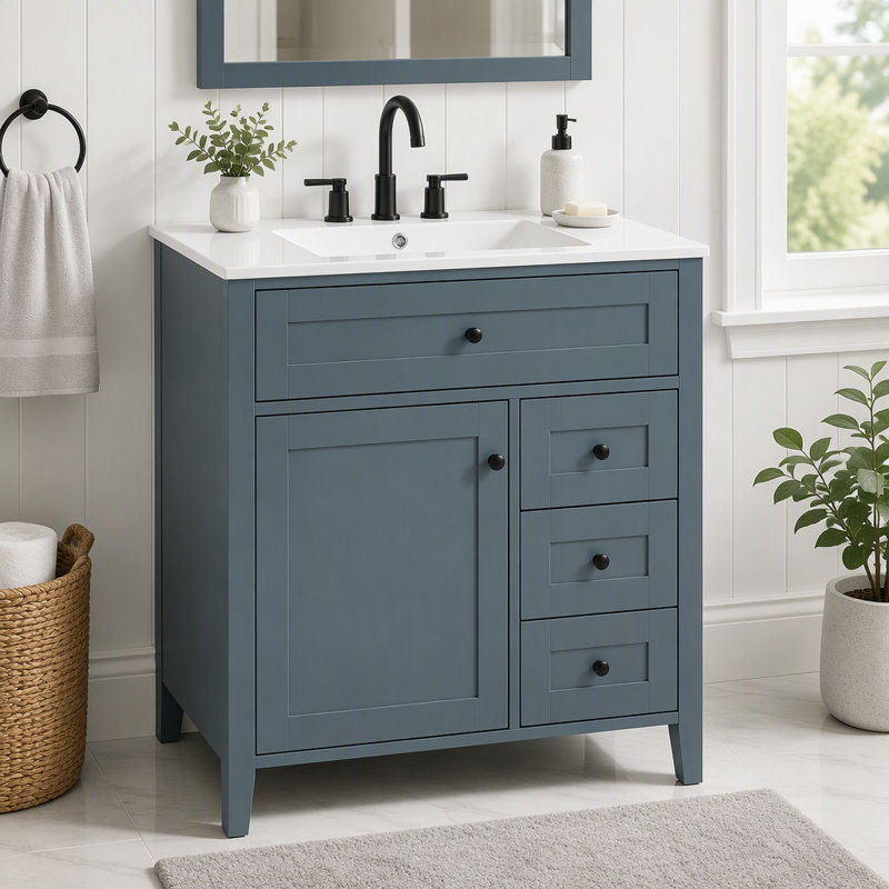 Meuble-lavabo de 30 po avec lavabo et grand rangement, Bleu / gris porte de gauche, 30