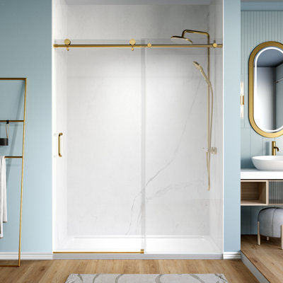56" - 60" W X 76" H Single Sliding Frameless Shower Door with 1/4" (6mm) Tempered Glass for Walk-In Shower, Brushed Gold