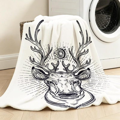 Jeté en molleton noir ultra doux en flanelle, tête de cerf avec magnifique imprimé d'un seul côté