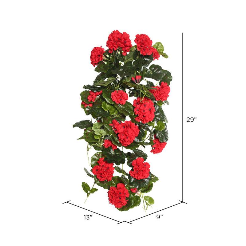 Red Polyester Geranium Hanging Bush with Green Leaves