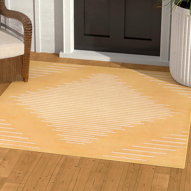 Tapis intérieur / extérieur en polypropylène tissé à la machine marocain en jaune / blanc, Carré 5 pi 3 po