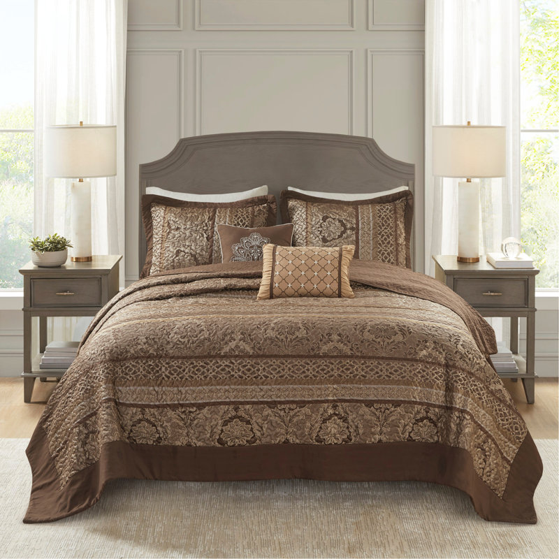 Ensemble de couvre-lit réversible 5 pièces en jacquard brun / doré, Brun / floral doré