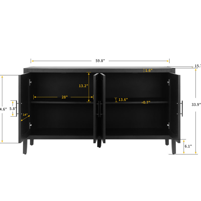 Console antique noire 4 portes avec tablette réglable, buffet pour la salle à manger, buffet de 60 pouces et antique