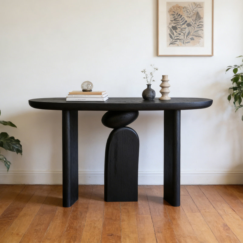 Console Mid-Century en bois massif noir, H 33,5 po x l 55,1 po x P 13,8 po