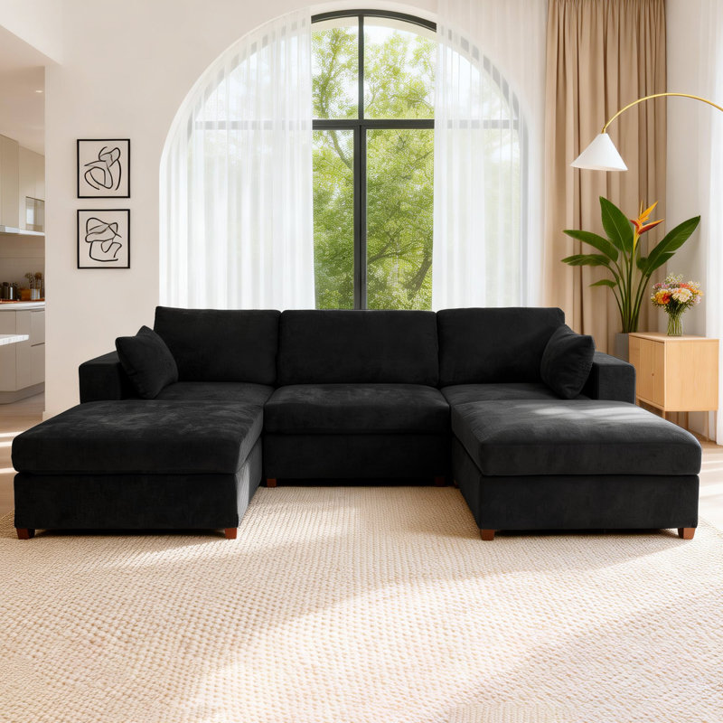 Canapé d'angle rembourré avec 2 repose-pieds, Lin noir, H 26 po x l 113,3 po x P 37,8 po