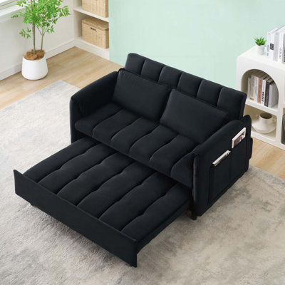55" Velvet Two Seater Pull Out Sofa Bed, Adjustable Backrest With USB Ports, Two Side Pockets
