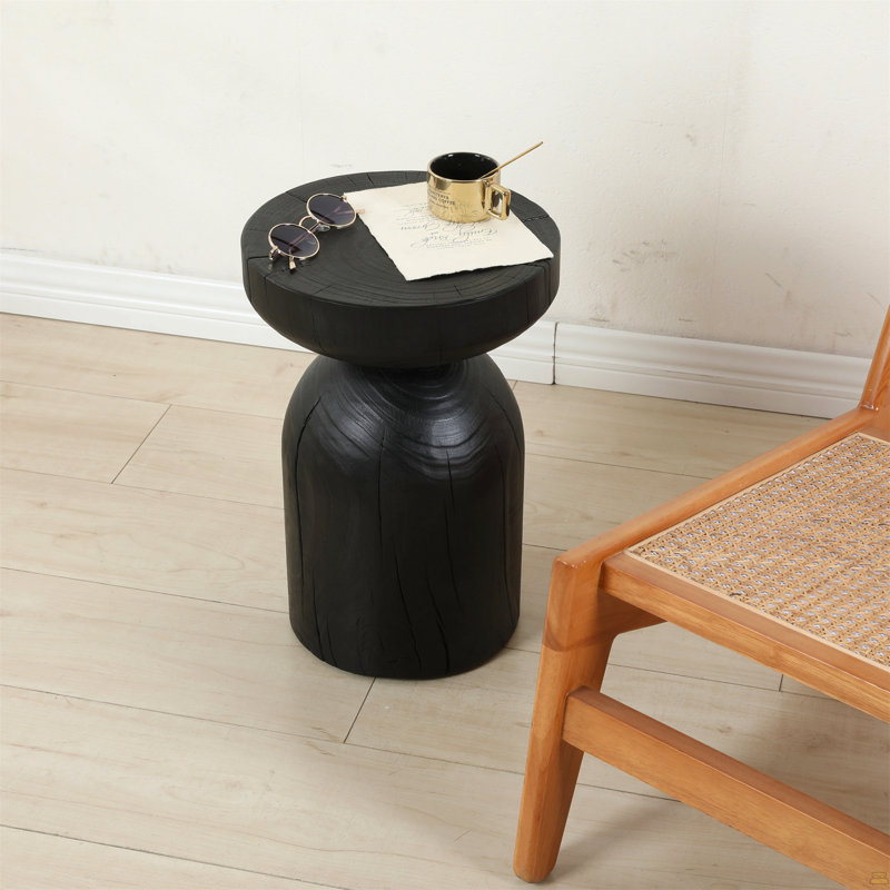 Solid Mango Wood Side End Table In Black, 12.4*17.7 Inch Round Wooden Accent Table, Small Round Plant Stand