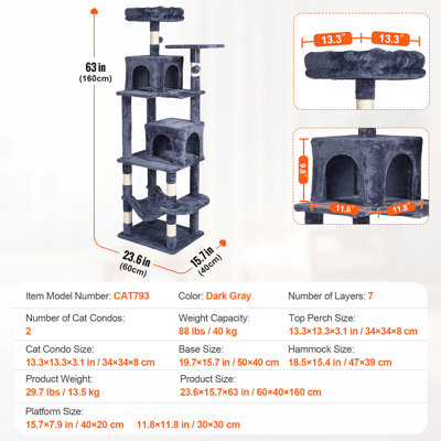 Cat Tree for Indoor Cats, 63" Cat Tower with 2 Cat Condos, Sisal Scratching Post, Hammock, Top Perch, Jumping Platforms, Large Cat Furniture Activity Center with Hang Ball, Light Grey