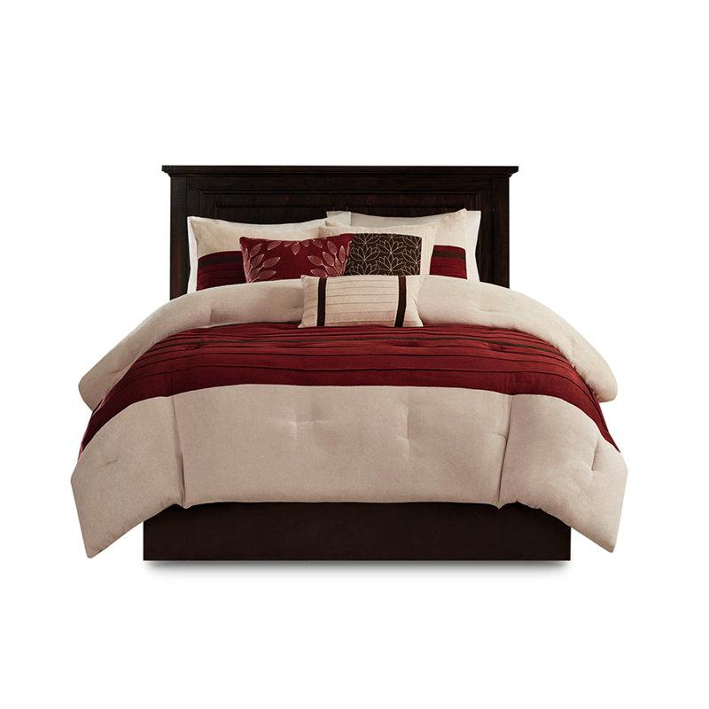 Édredon très grand 7 pièces - Faux suède rembourré doux au toucher avec coussins brodés Laver à la machine 2 taies décoratives et jupe de lit Microsuède