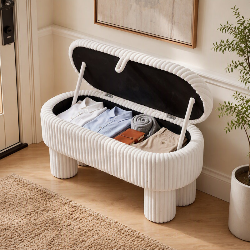 Pouf de rangement moderne en velours côtelé avec compartiment caché, Beige, Beige, Beige