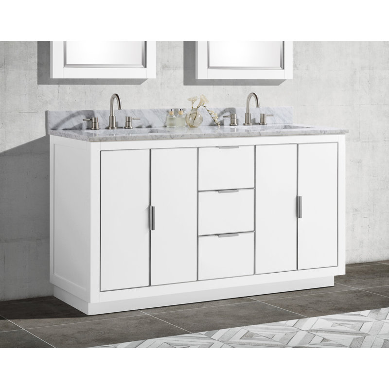 Austen 60'' W Double Bathroom Vanity Base, Off White/Brushed Silver