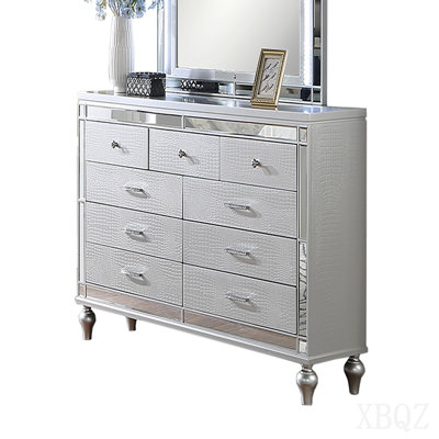 Glam Style 1pc Dresser Snake Skin Design Glass Panel Gourd Legs Silver Finish Bedroom Furniture