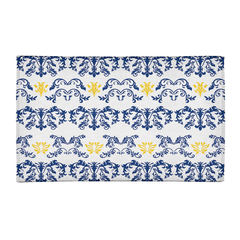 Tapis damassé blanc / bleu marine, Rectangle 3 pi x 5 pi