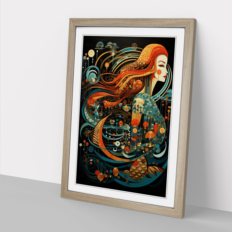 XYZ-FRM-V1223-4490 Mermaid Constructivism - Single Picture Frame Print on Wood, Oak , 34cm H x 25cm W x 2cm D