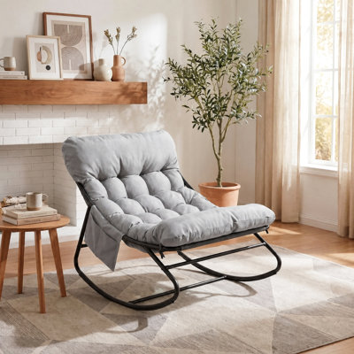 Outdoor/Indoor Papasan Rocking Chair, Lounge Chair with Cushion & Sturdy Metal Frame, Patio Rocker Chair for Balcony Backyard Porch Bedroom, Gray, 1pcs
