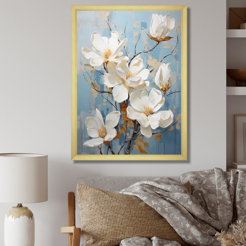 «Elegant White and Blue Magnolias Tranquility I», reproduction sur toile, Cadre doré simple, H 40 po x l 30 po x P 1,5 po