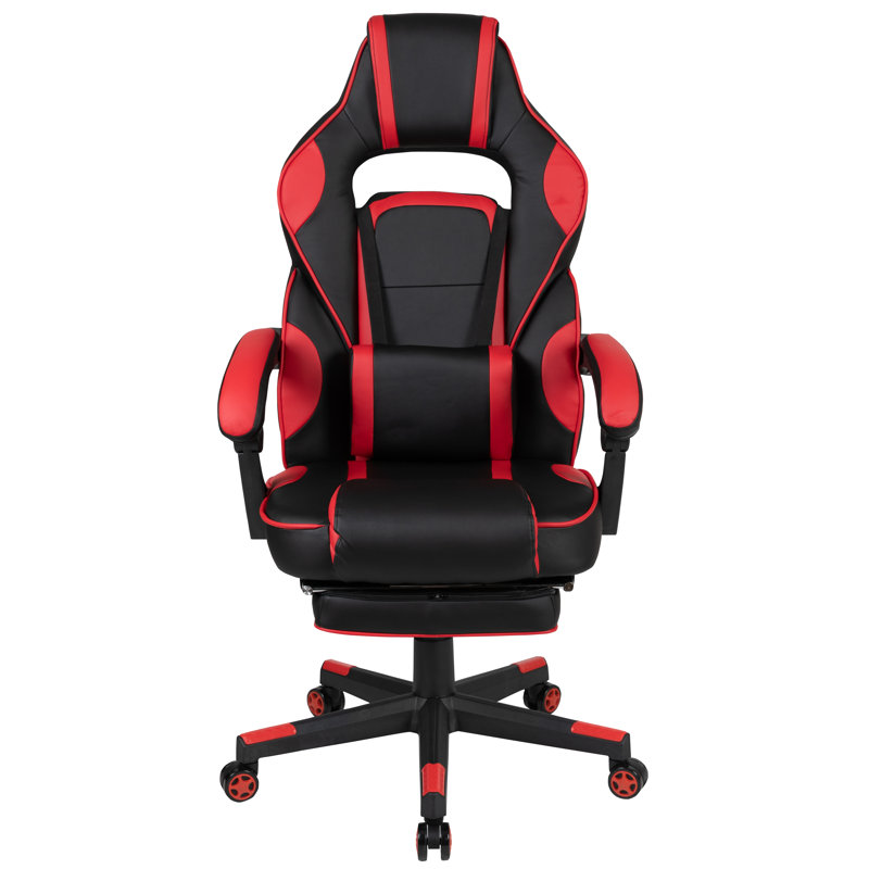 Massaging Adjustable Ergonomic Swivel Computer Gaming Chair with Fully Reclining Back and and Slide-Out Footrest, Red/Black
