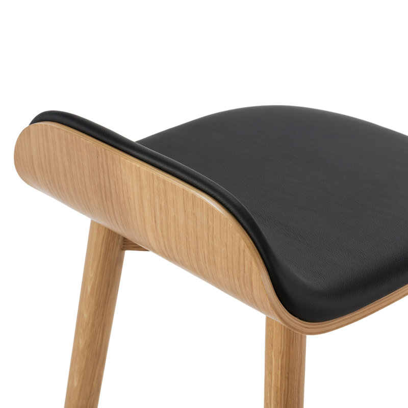 Notello 26'' Seat Height Counter Stool - Solid Wood Frame and Genuine Leather Seat, Oak/Black
