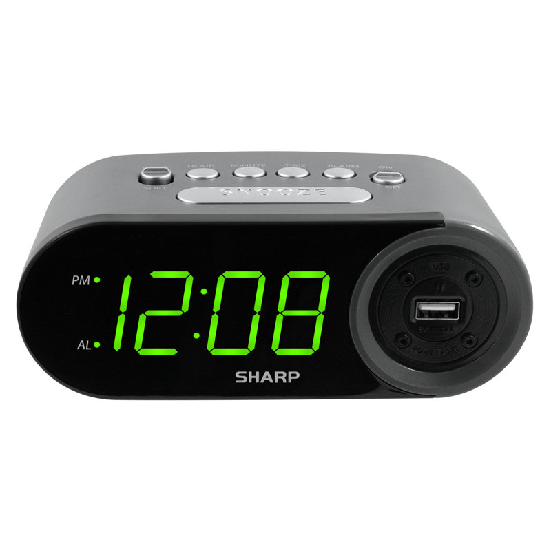 Sharp Digital Alarm Clock, Electric Operated, Tabletop, 2 AMP High - Speed USB Charging Port 