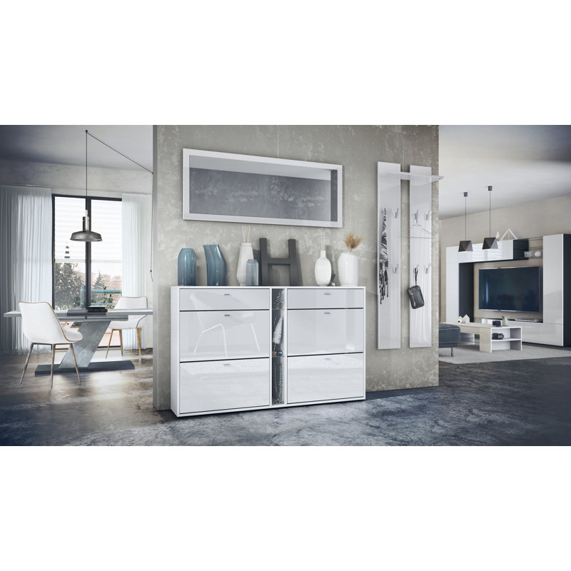 Orlando Hall Tree 215cm Wide with Shoe Storage, White High Gloss/White