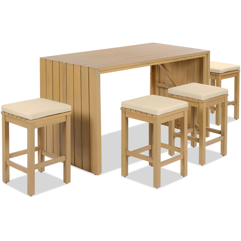 5 Piece Outdoor Bar Set, Acacia Wood Bar Table And Chairs Set With Beige Cushions, Rectangular Patio Dining Set With 4 Stools For Patio, Backyard, Garden
