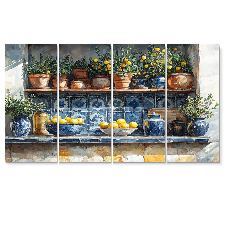 Bleu et jaune, cuisine grecque, ensemble d'art mural sur toile de cuisine, H 32 po x l 64 po