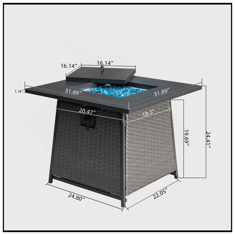 Table de foyer d'extérieur au propane durable de 32 pouces avec boule de verre bleue, table d'extérieur en osier de 50 000 BTU avec foyer au gaz carré en acier 2 en 1 certifié ETL (gris foncé)