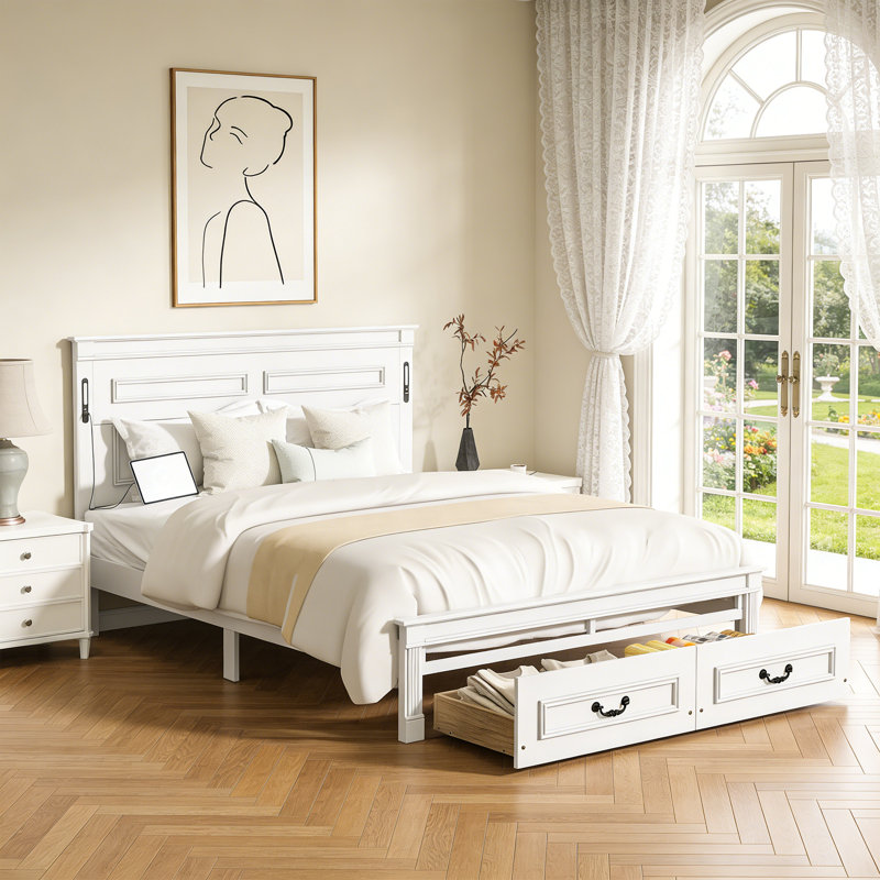 Grand lit avec tête et pied de lit, lit plateforme avec tiroirs de rangement, White