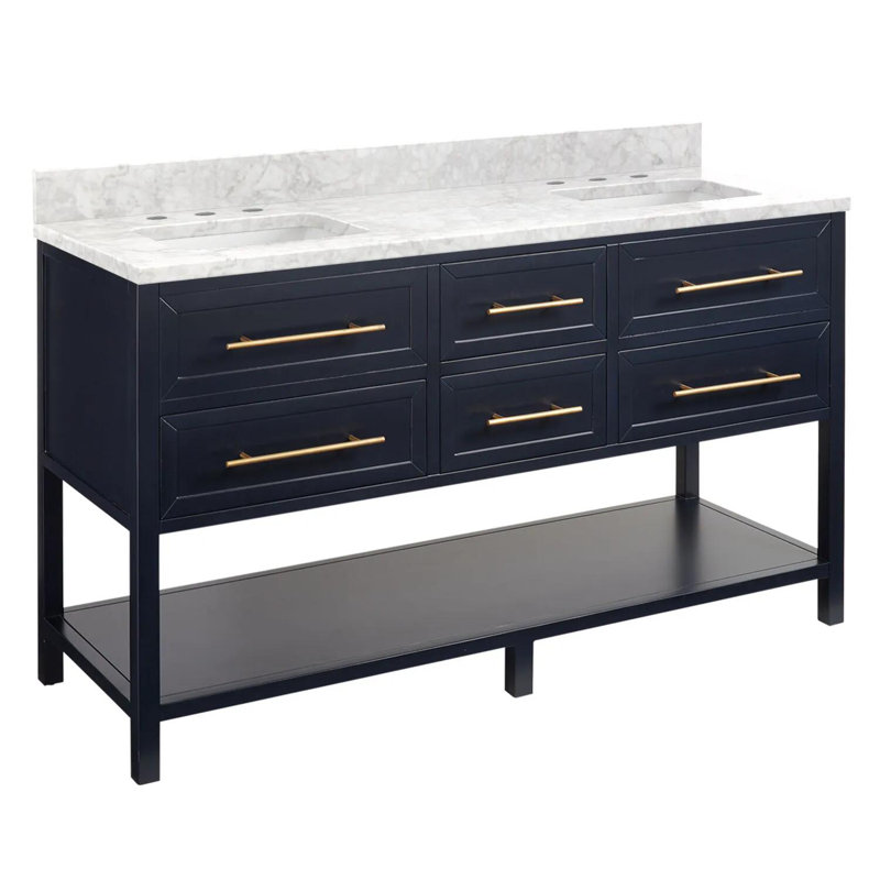 60" Robertson Double Bathroom Vanity Set with Rectangular Undermount Sinks, 8" Widespread, Midnight Navy Blue, Carrara Marble