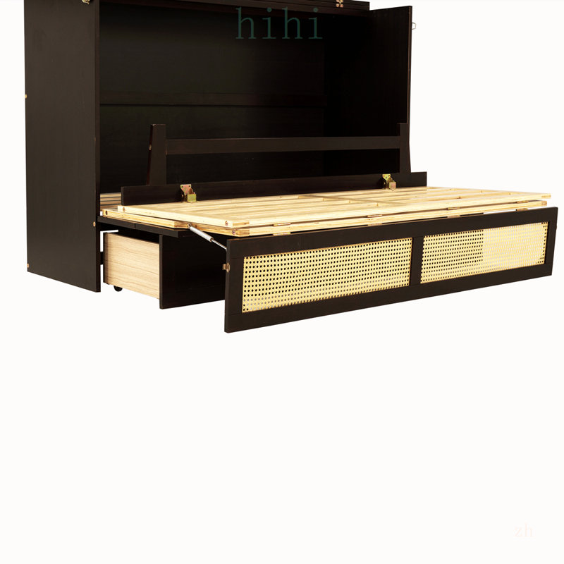 Lit escamotable Queen Size avec décor en rotin et rangement, armoire en pin gain de place pour les chambres modernes