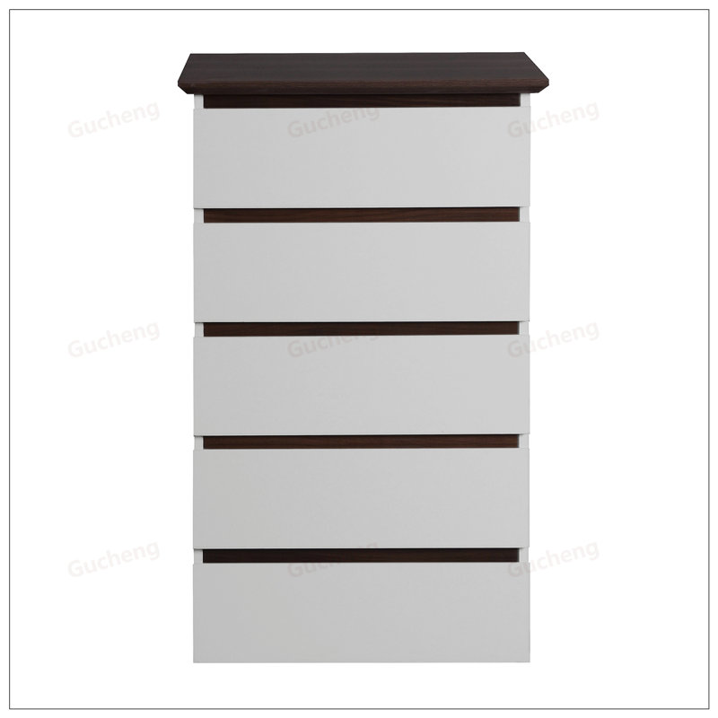 Commode de chambre à 5 tiroirs en noyer avec un design moderne et beaucoup de rangement pour la vie organisée