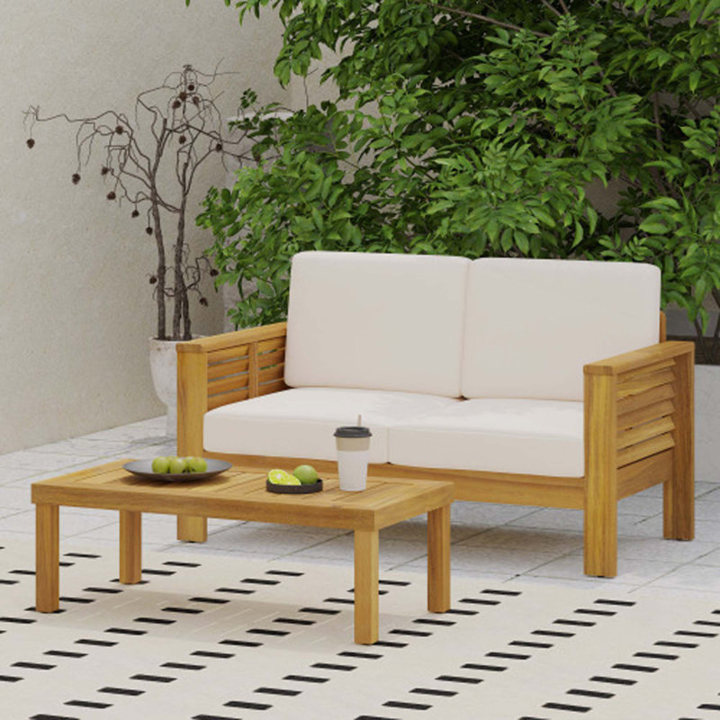 Zytaevius Outdoor Sofa Seating Group with Cushions, Teak Frame/Cream Cushion, 4 Pieces: Table, Loveseat, 2 Chairs