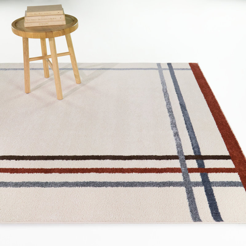 Mosley Rust/Blue Stiped Border Area Rug, 5'3" x 7'