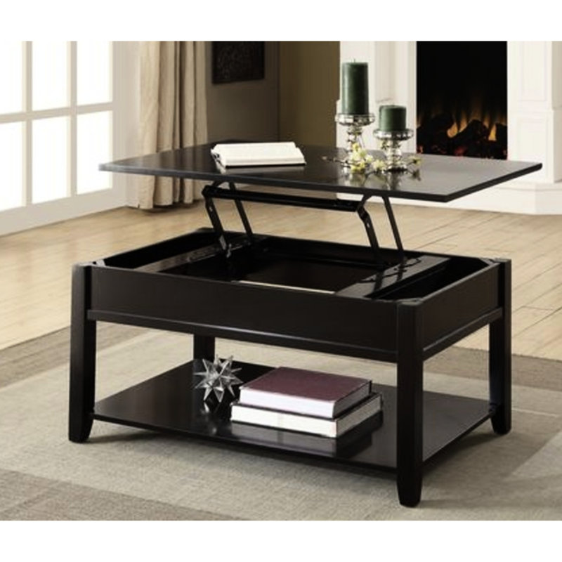 Table basse à plateau relevable noir avec forme rectangulaire et compartiment de rangement inférieur élégant