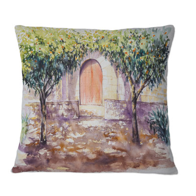 Bibliothèque d'arrière-cour à Barcelone avec des arbres orange - Coussin décoratif à imprimé traditionnel