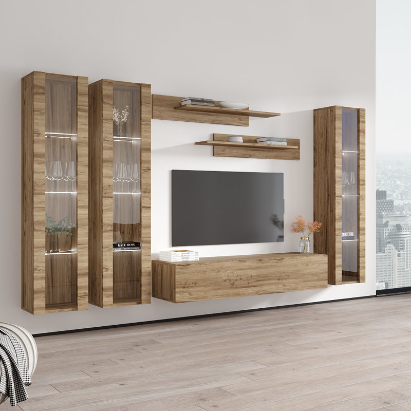 Aubrea 120" Modern Floating Wall Mounted Entertainment Center with 16-Color LED Lighting, High Gloss Finish, Oak