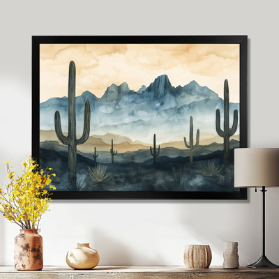 Silhouette de l'horizon désertique vert beige II - Tableau encadré Cactus