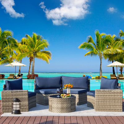 7 Piece Round Patio Sectional Furniture With Round Table, 2 Side Tables