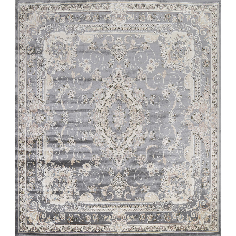 Tapis oriental gris transitionnel floral 2X3, Carré 9 pi 10 po
