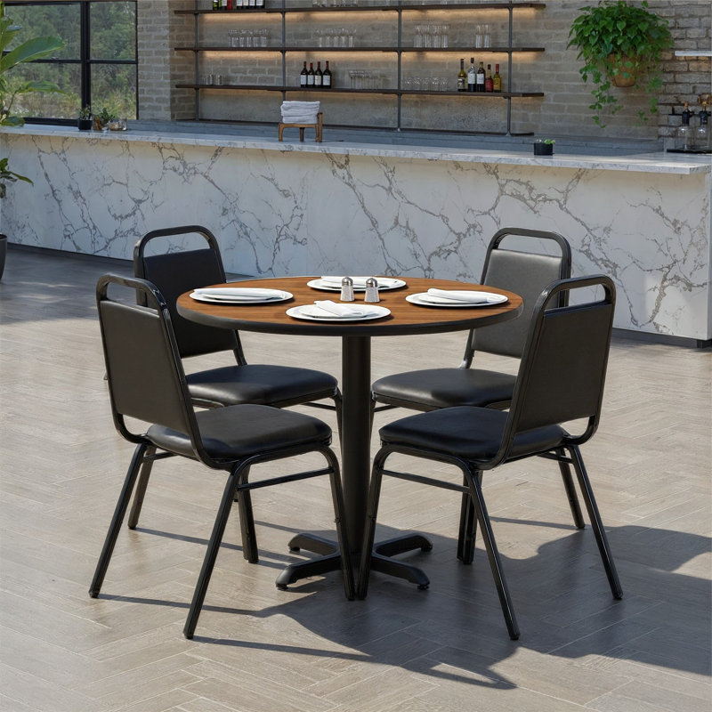 Ahlam 36'' Round Laminate Table Set with X-Base and 4 Trapezoidal Back Banquet Chairs, Walnut