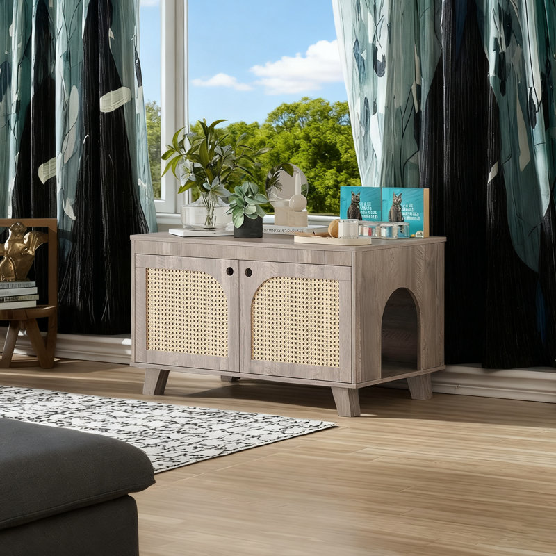 Armoire à litière pour chat avec portes en rotin