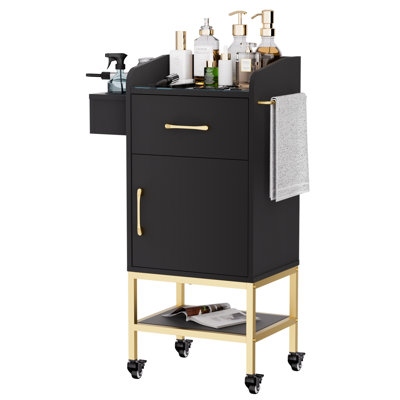 Salon Trolley Cart with Glass Top - Rolling Beauty Storage Cabinet for Hair Stylists, Lockable Wheels, Drawer, Adjustable Shelf & Hot Tool Holders