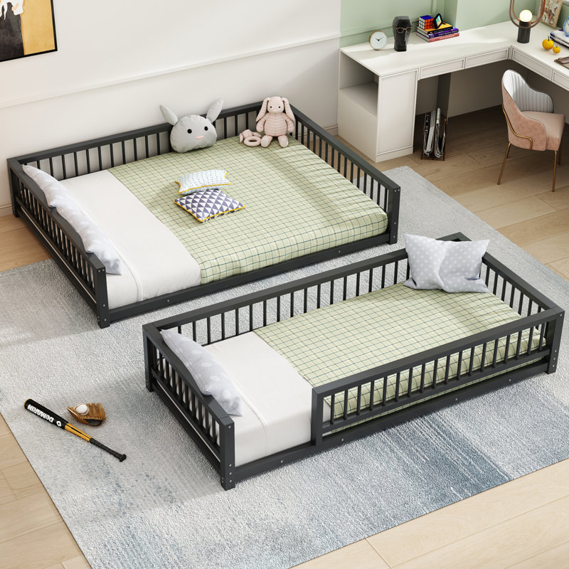 Floor Bunk Bed, Metal Frame with Ladder, Guardrails, No Box Spring Needed, Black With Slat, Twin XL Over Queen