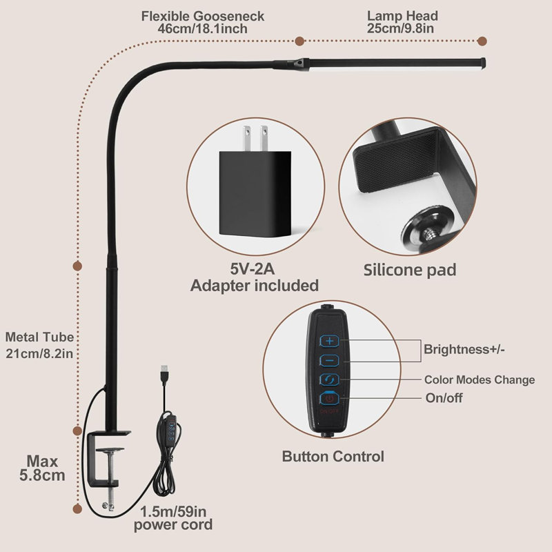 Lampe de bureau à DEL avec pince, lumière ajustable, 3 modes et 10 niveaux de luminosité, col-de-cygne flexible, alimenté par USB, fonction de mémoire pour l'étude, le travail et le dessin