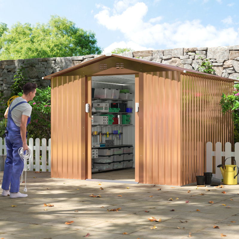8' x 8' Brown Galvanized Steel Garden Storage Shed with Windows