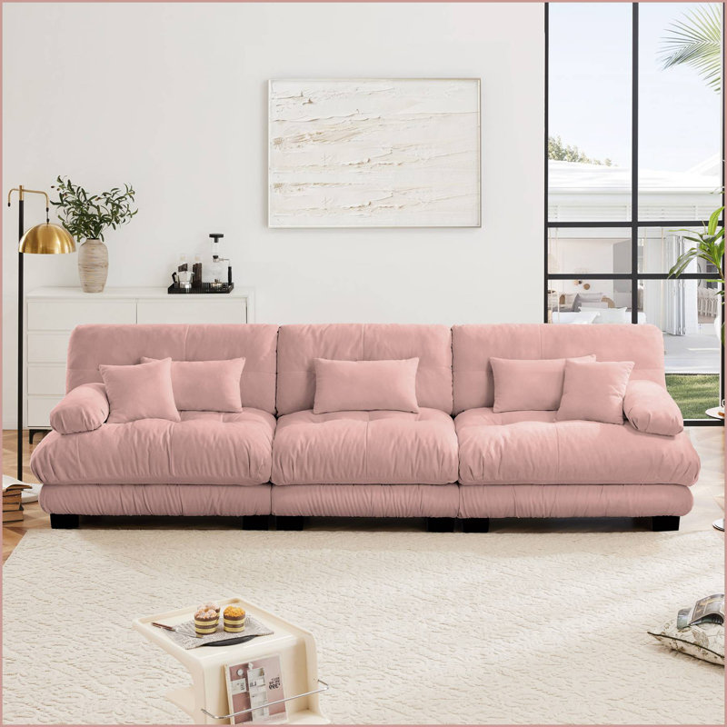 Canapé modulaire capitonné en chenille pour salon, 35.4" H x 133.8" W x 36" D, Pink