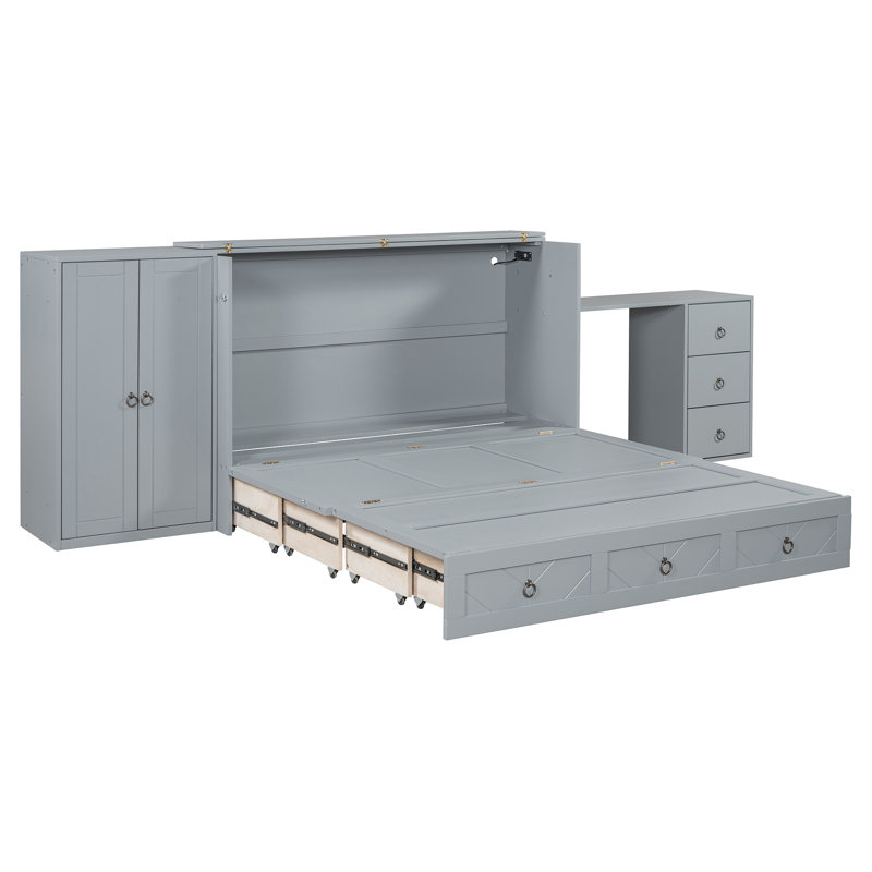 Grand lit escamotable avec port USB, grand tiroir et armoire / bureau - Lit armoire gris polyvalent