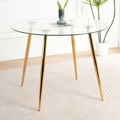 Table de salle à manger moderne en verre 39,4 po avec comptoirs en verre transparent et pieds en métal plaqué or Modern